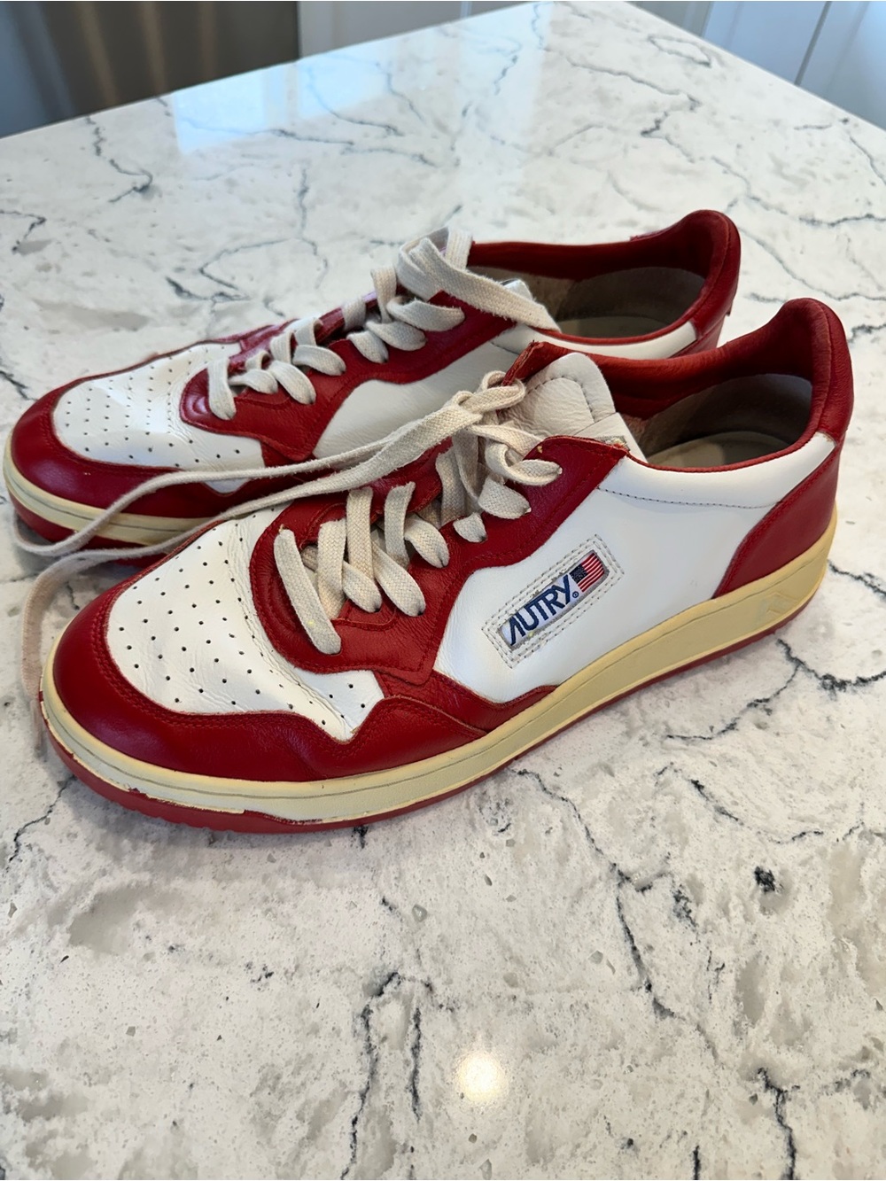 Autry White and Red Low-Top Leather Sneakers with Brand Patch